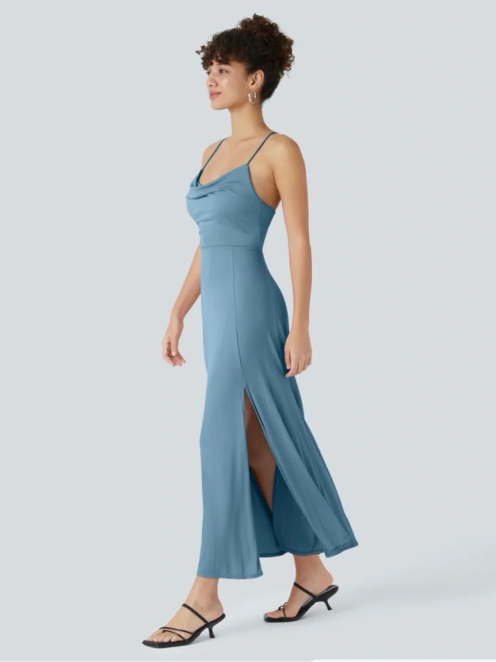 Halara Cowl Neck Spaghetti Strap Maxi Dress in Dusty Blue M - Picture 3 of 6
